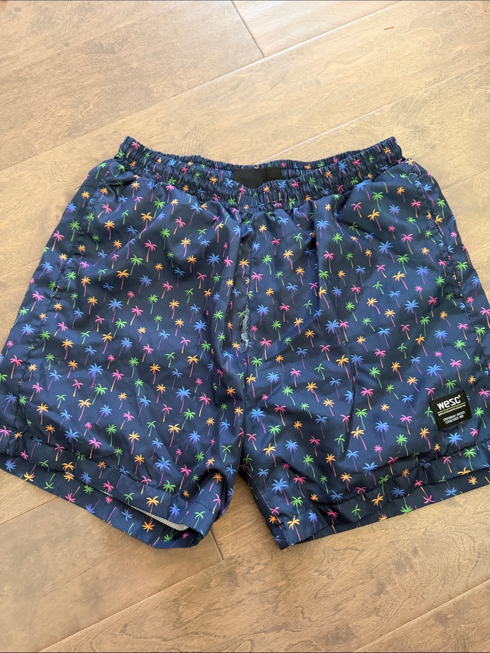 Wesc Navy Swim Shorts with Neon Palm Print